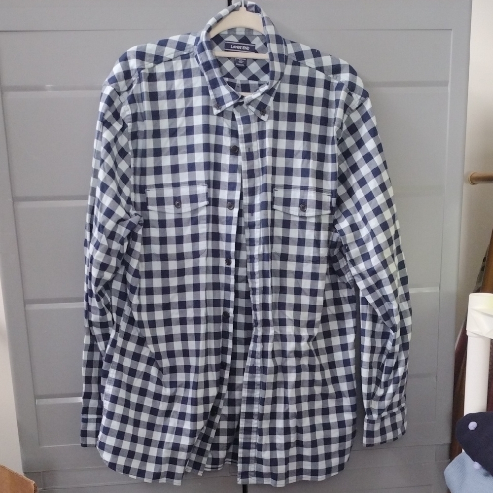 Large Lands' End Men's Navy and White Plaid Shirt
